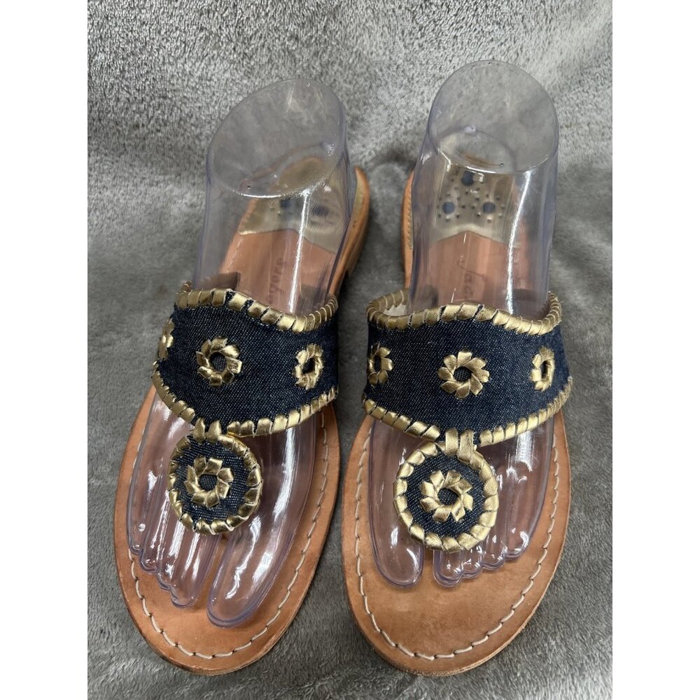 Jack Rogers Sandals Women’s 9 Blue Denim Gold Leather Casual Slip On Slides